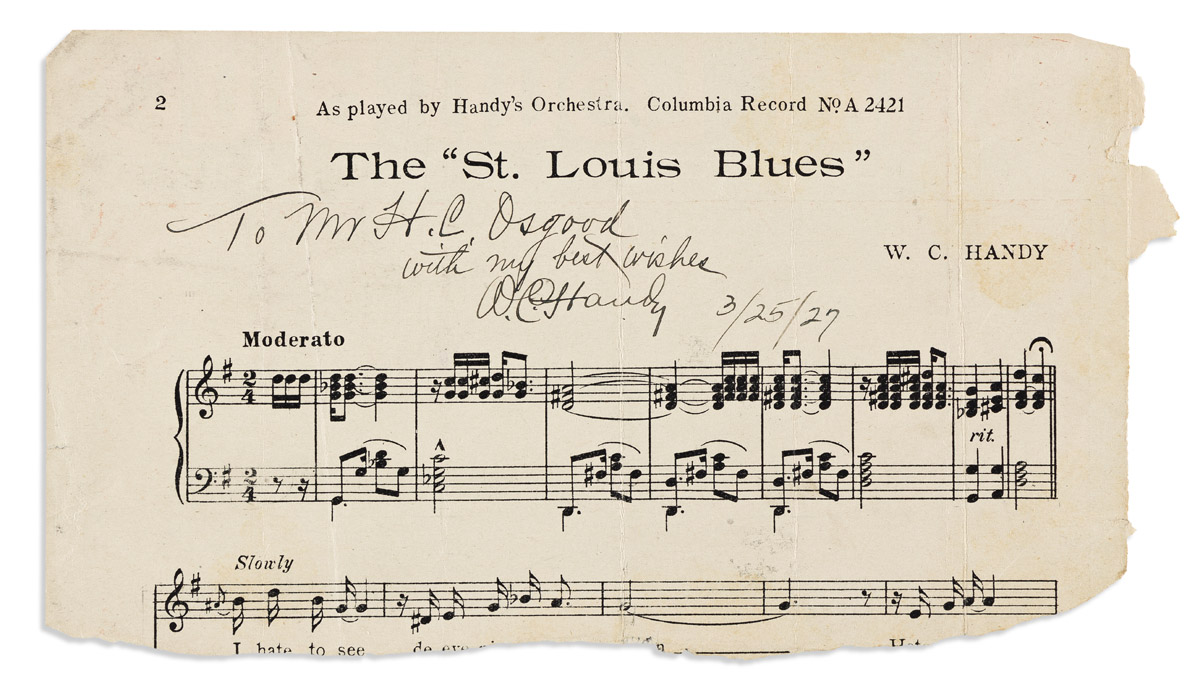 (ENTERTAINMENT--MUSIC.) W.C. Handy. His signature and inscription on a fragment of St. Louis Blues.